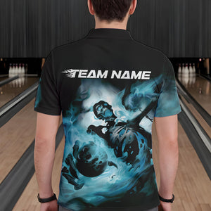 Custom Black And Blue Flame Skeleton Bowling Polo Shirts For Men, Skull Bowling Team Shirt IPHW8466