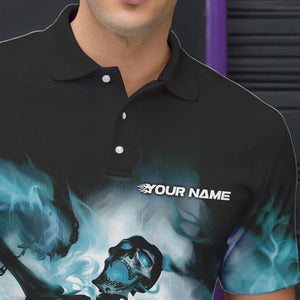 Custom Black And Blue Flame Skeleton Bowling Polo Shirts For Men, Skull Bowling Team Shirt IPHW8466