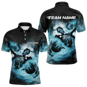 Custom Black And Blue Flame Skeleton Bowling Polo Shirts For Men, Skull Bowling Team Shirt IPHW8466