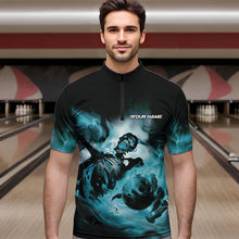 Load image into Gallery viewer, Custom Black And Blue Flame Skeleton Bowling Quarter-Zip Shirts For Men, Skull Bowling Team Shirt IPHW8466