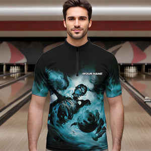 Custom Black And Blue Flame Skeleton Bowling Quarter-Zip Shirts For Men, Skull Bowling Team Shirt IPHW8466