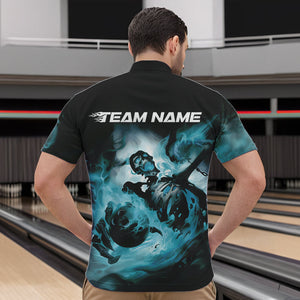 Custom Black And Blue Flame Skeleton Bowling Quarter-Zip Shirts For Men, Skull Bowling Team Shirt IPHW8466