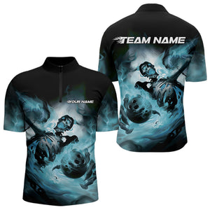 Custom Black And Blue Flame Skeleton Bowling Quarter-Zip Shirts For Men, Skull Bowling Team Shirt IPHW8466