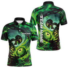 Load image into Gallery viewer, Custom Green Flame Skull Bowling Polo Shirts For Men, Bowling Tournament Bowling Team Shirt IPHW8467