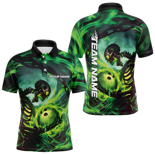 Custom Green Flame Skull Bowling Polo Shirts For Men, Bowling Tournament Bowling Team Shirt IPHW8467