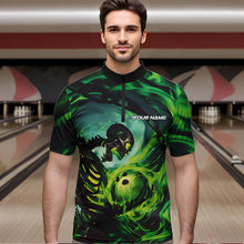 Load image into Gallery viewer, Custom Green Flame Skull Bowling Quarter-Zip Shirts For Men, Bowling Tournament Bowling Team Shirt IPHW8467