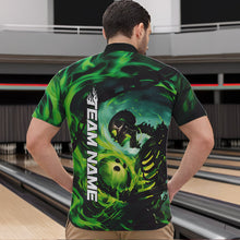 Load image into Gallery viewer, Custom Green Flame Skull Bowling Quarter-Zip Shirts For Men, Bowling Tournament Bowling Team Shirt IPHW8467