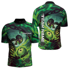 Load image into Gallery viewer, Custom Green Flame Skull Bowling Quarter-Zip Shirts For Men, Bowling Tournament Bowling Team Shirt IPHW8467