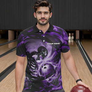 Custom Purple Flame Skull Bowling Polo Shirts For Men, Bowling Tournament Bowling Team Shirt IPHW8468