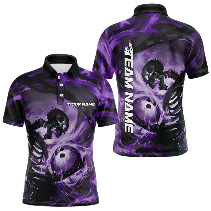 Custom Purple Flame Skull Bowling Polo Shirts For Men, Bowling Tournament Bowling Team Shirt IPHW8468