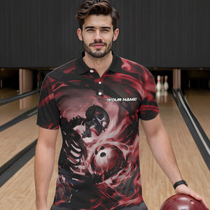 Custom Red Flame Skull Bowling Polo Shirts For Men, Bowling Tournament Bowling Team Shirt IPHW8469