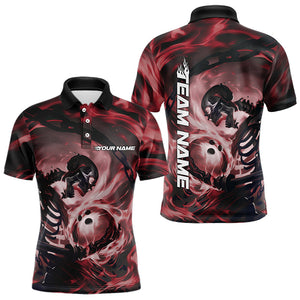 Custom Red Flame Skull Bowling Polo Shirts For Men, Bowling Tournament Bowling Team Shirt IPHW8469