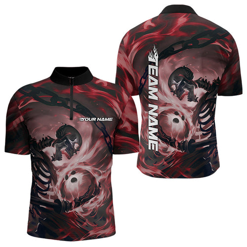 Custom Red Flame Skull Bowling Quarter-Zip Shirts For Men, Bowling Tournament Bowling Team Shirt IPHW8469