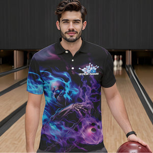 Custom Blue And Purple Flame Skull Bowling Polo Shirts For Men, Fire Bowling Team Shirts IPHW8473