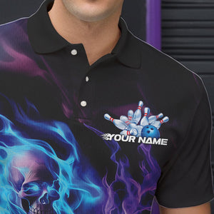 Custom Blue And Purple Flame Skull Bowling Polo Shirts For Men, Fire Bowling Team Shirts IPHW8473