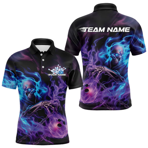 Custom Blue And Purple Flame Skull Bowling Polo Shirts For Men, Fire Bowling Team Shirts IPHW8473