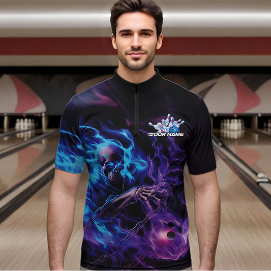 Custom Blue And Purple Flame Skull Bowling Quarter-Zip Shirts For Men, Fire Bowling Team Shirts IPHW8473