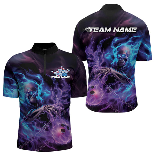 Custom Blue And Purple Flame Skull Bowling Quarter-Zip Shirts For Men, Fire Bowling Team Shirts IPHW8473