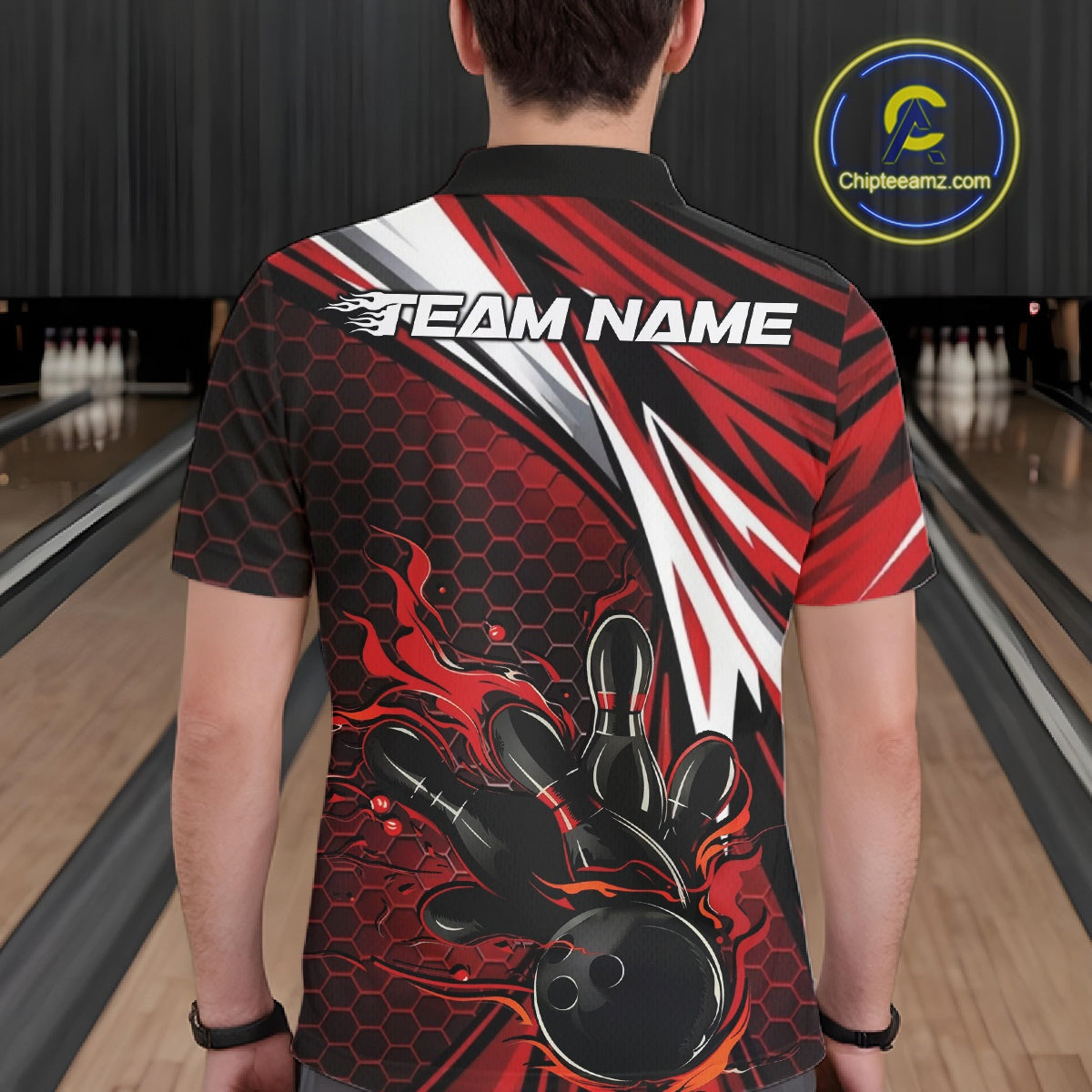 Custom Red Flame Bowling Jerseys For Men, Hexagon Bowling Team Tournament Shirt IPHW10556