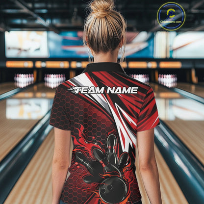 Custom Red Flame Bowling Jerseys For Women, Hexagon Bowling Team Tournament Shirt IPHW10556
