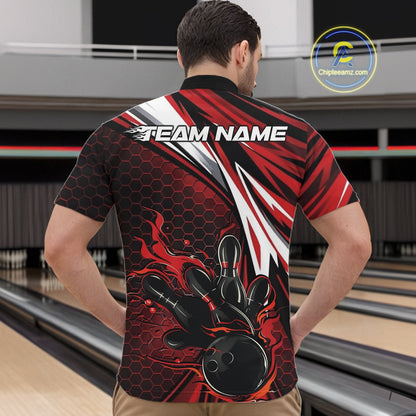 Custom Red Flame Bowling Jerseys For Men, Hexagon Bowling Team Tournament Shirt IPHW10556