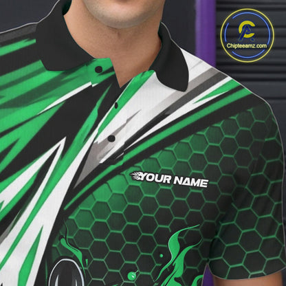 Custom Green Flame Bowling Jerseys For Men, Hexagon Bowling Team Tournament Shirt IPHW10558