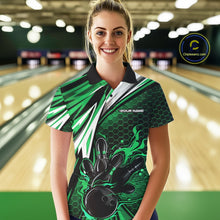 Load image into Gallery viewer, Custom Green Flame Bowling Jerseys For Women, Hexagon Bowling Team Tournament Shirt IPHW10558