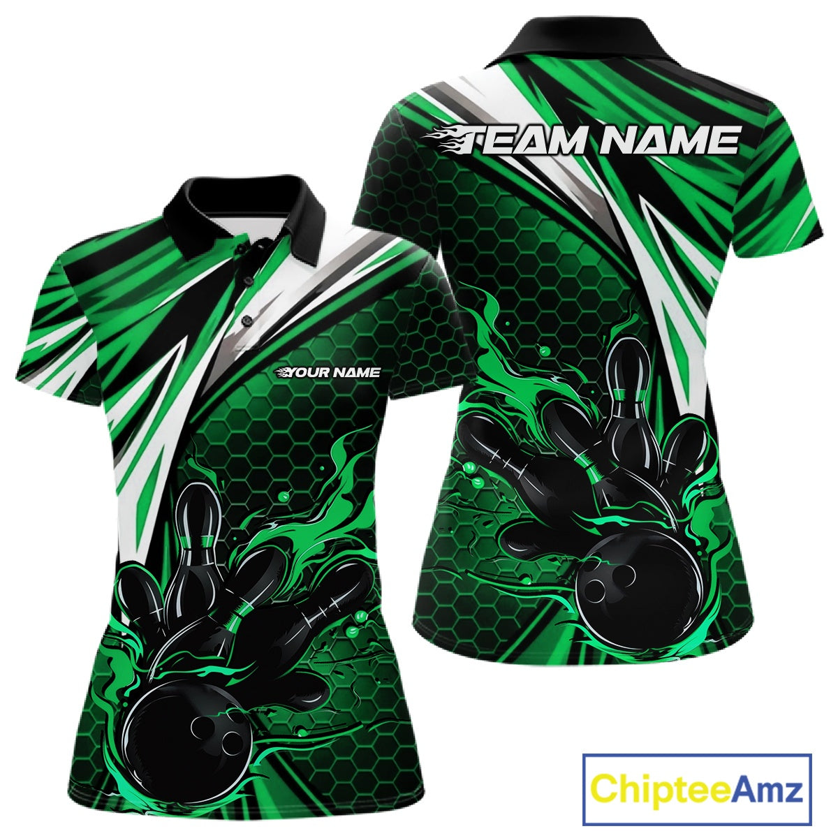 Custom Green Flame Bowling Jerseys For Women, Hexagon Bowling Team Tournament Shirt IPHW10558
