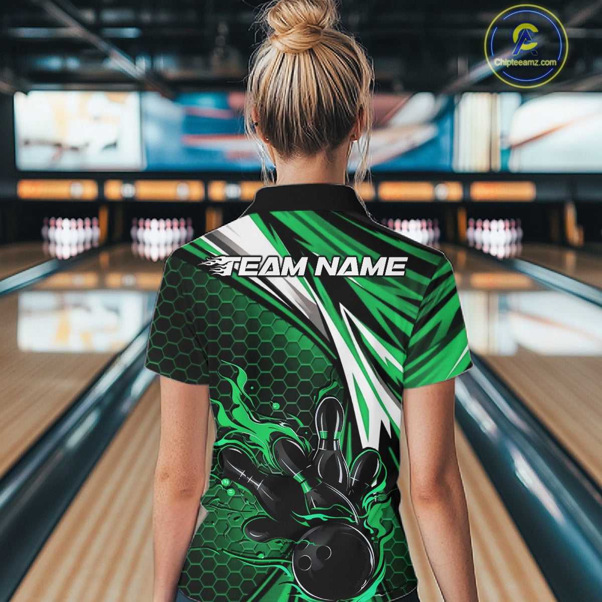 Custom Green Flame Bowling Jerseys For Women, Hexagon Bowling Team Tournament Shirt IPHW10558