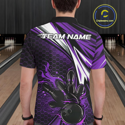 Custom Purple Flame Bowling Jerseys For Men, Hexagon Bowling Team Tournament Shirt IPHW10559