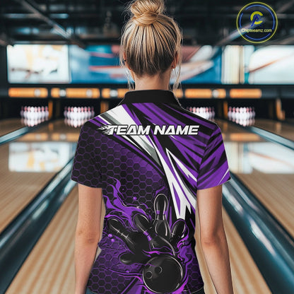 Custom Purple Flame Bowling Jerseys For Women, Hexagon Bowling Team Tournament Shirt IPHW10559