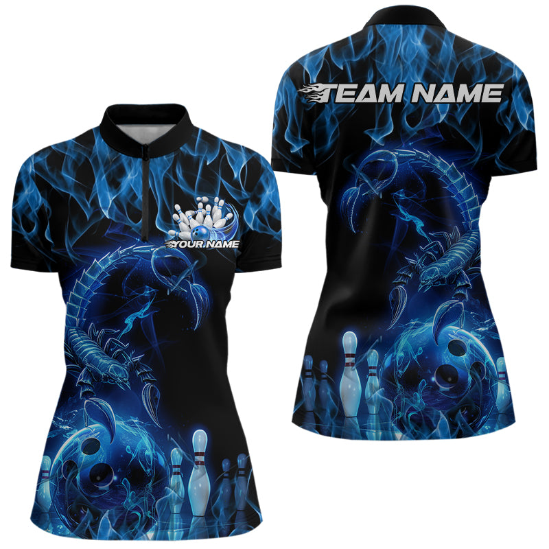 Custom Black Blue Flame Scorpion Zodiac Bowling Women Quarter-Zip Shirt Bowler Outfit IPHW8972