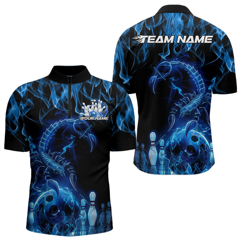 Custom Black And Blue Flame Scorpio Zodiac Bowling Men Quarter-Zip Shirts, Scorpion Bowler Outfit IPHW8972