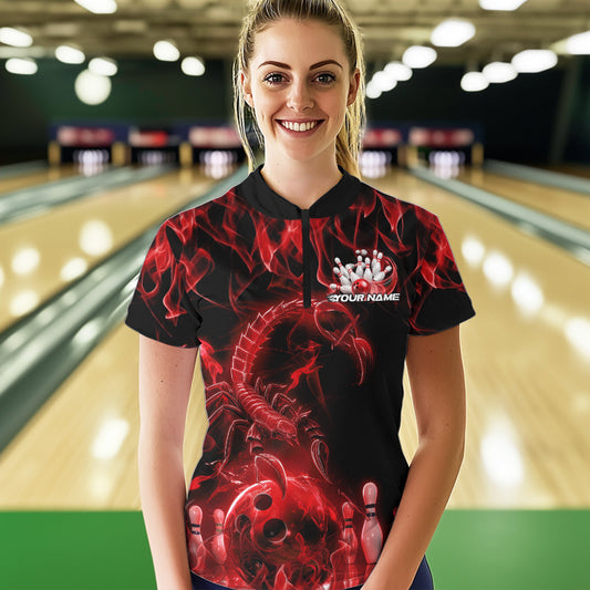Custom Black Red Flame Scorpion Zodiac Bowling Women Quarter-Zip Shirt Bowler Outfit IPHW8973