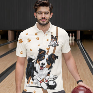 Custom Funny Border Collie Dog Bowling Men Polo Shirts, Dog Paw Print Bowler Outfit IPHW8974