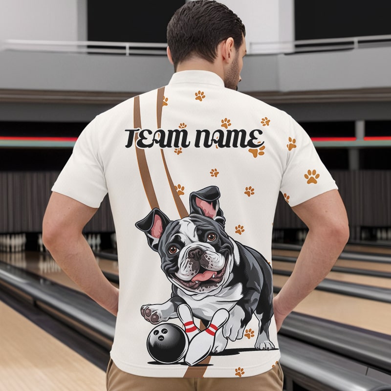 Custom Funny French Bulldog Bowling Men Quarter-Zip Shirts, Dog Paw Print Bowler Outfit IPHW8975
