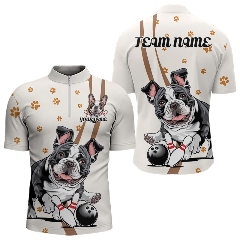 Custom Funny French Bulldog Bowling Men Quarter-Zip Shirts, Dog Paw Print Bowler Outfit IPHW8975