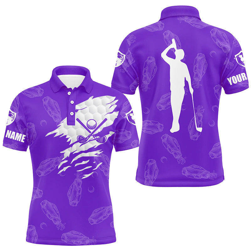 Mens golf polo shirt custom name golf clubs pattern shirt | Purple NQS7536