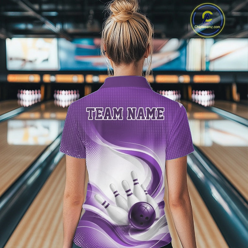 Back view of a female model wearing a white and purple bowling polo shirt with flowing wave patterns and a bowling strike illustration