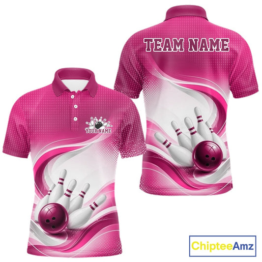 Front and back view of a mens white and pink bowling polo shirt mockup with sweeping wave accents and bowling-inspired graphics