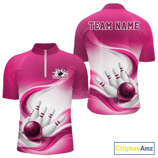 Front and back mockup of a mens white and pink bowling quarter-zip featuring dynamic wave artwork and bowling-themed graphics