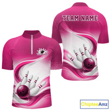 Load image into Gallery viewer, Custom Bowling Tournament Quarter-Zip Shirts For Men, Bowling League Team Shirt | Pink IPHW11374