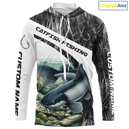 Gray Camo Custom Catfish Fishing Long Sleeve Fishing Shirts, Catfish Fishing Jerseys IPHW7016