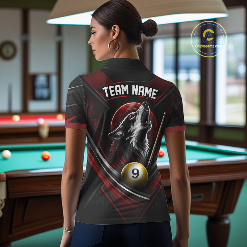 Custom Black And Red Wolf 9 Ball Billiards Women Polo Shirt, Billiards Team Jersey IPHW11672