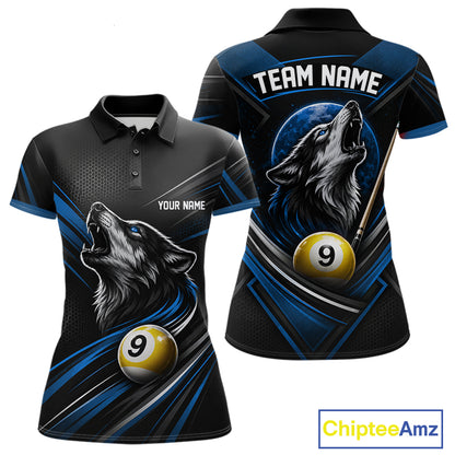 Custom Black And Blue Wolf 9 Ball Billiards Women Polo Shirt, Billiards Team Jersey IPHW11673