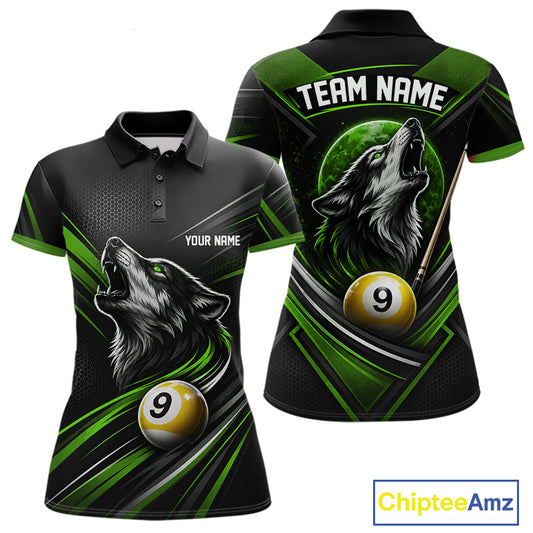 Custom Black And Green Wolf 9 Ball Billiards Women Polo Shirt, Billiards Team Jersey IPHW11674