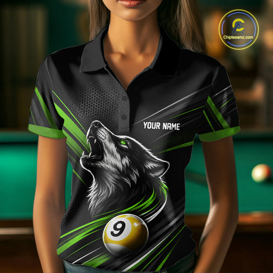 Custom Black And Green Wolf 9 Ball Billiards Women Polo Shirt, Billiards Team Jersey IPHW11674