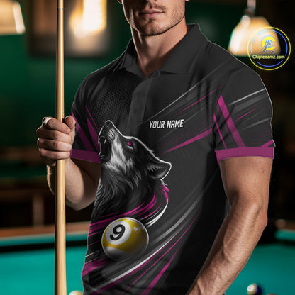 Custom Black And Pink Wolf 9 Ball Billiards Men Polo Shirt, Billiards Team Jersey IPHW11675