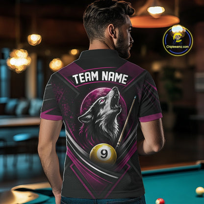 Custom Black And Pink Wolf 9 Ball Billiards Men Polo Shirt, Billiards Team Jersey IPHW11675