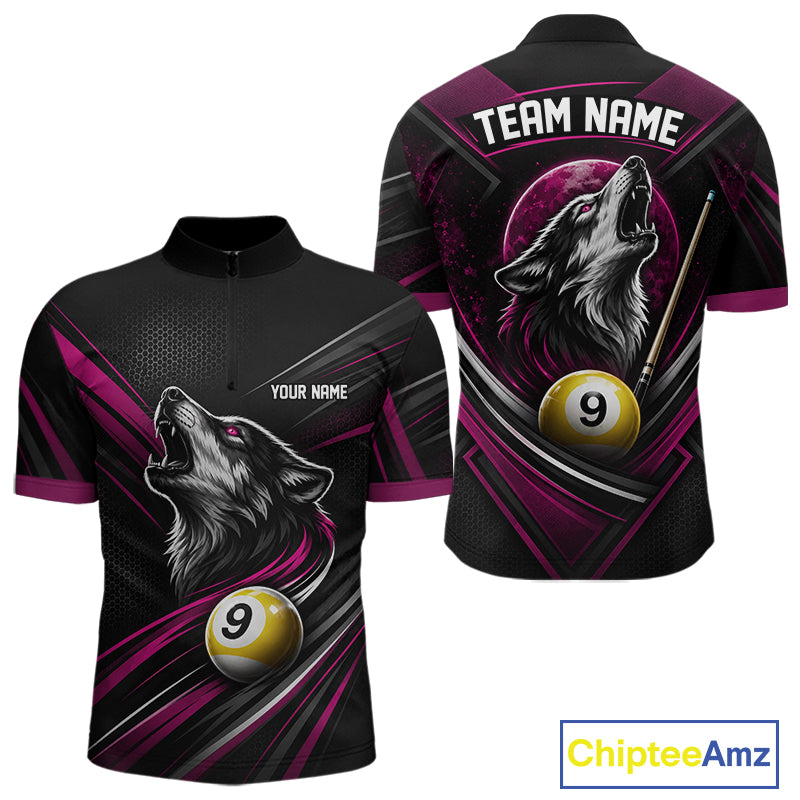 Custom Black And Pink Wolf 9 Ball Billiards Men Quarter Zip Shirt, Billiards Team Jersey IPHW11675